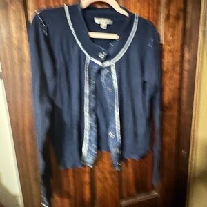 CAbi Dark Blue Cropped Cardigan with Light Accents